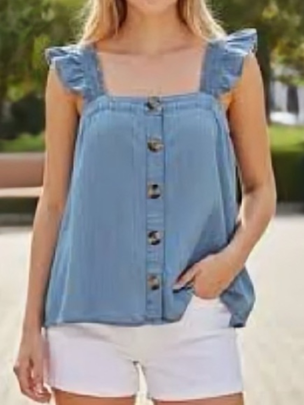 J. Crew Factory Short Ruffle Sleeves Chambray Button Up Top Size M
